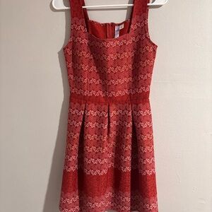 Coral Lace Patterned Sleeveless Fit-and-Flare Dress